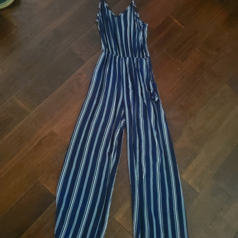 Navy blue and white stripoed jumpsuit size small by mini chica